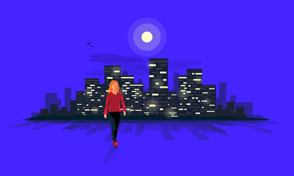 Illustration Vectorielle Une Silhouette Jeune Femme Marchant Nuit Dans Une — Image vectorielle