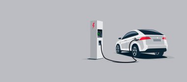 Şarj elektro şarj istasyonu bir lüks beyaz elektrikli araba suv vektör Illustration. Hızlı şarj akü. Temiz vektör illüstrasyon izole gri arka plan üzerinde.