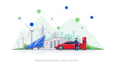 Yenilenebilir enerji blockchain düz vektör çizim sistemi bağlı. Elektrikli araç şarj İstasyonu'nda güneş panelleri, Rüzgar türbinleri, pil Muhafazası, yüksek gerilim elektrik şebekesi ve şehir ile şarj. 