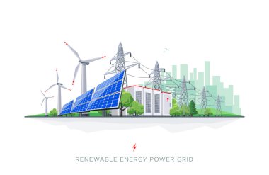 Renewable energy smart power grid system. Flat vector illustration of solar panels, wind turbines, battery storage, high voltage electricity power transmission grid and city skyline.  clipart