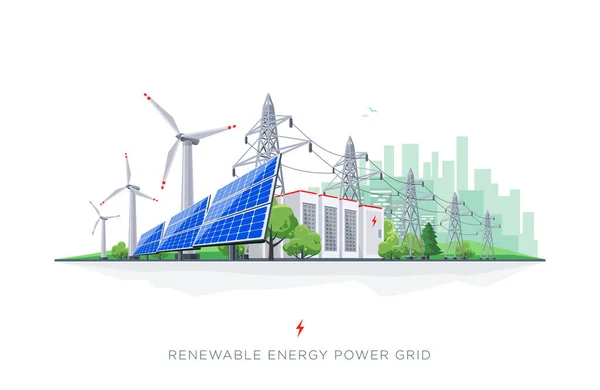 可再生能源智能电网系统 太阳能电池板 风力涡轮机 蓄电池 高压输电网和城市天际线平面矢量图 — 图库矢量图片
