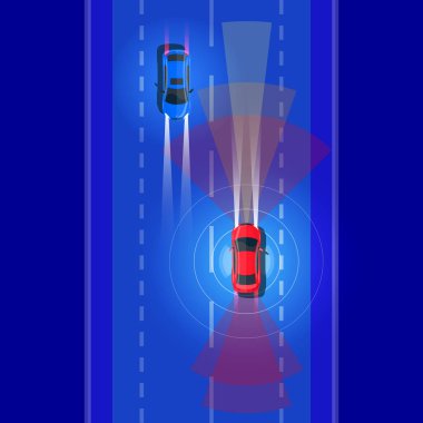 Vektör çizim sevk üstünde yol ve mesafe radar, fotoğraf makinesi ve mesafe gözlemlemek için sensörler ile tarama akıllı özerk sürücüsüz elektrikli araba. Üstten görünüm trafik ışıkları ile gece sokak.