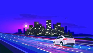 Akıllı özerk sürücüsüz elektrikli araba şehir karayolu üzerinde sürüş vektör Illustration. Radar sensörleri mesafe tarama. Trafik ile bulanık ışık ve gece şehir sokak parlayan manzarası.