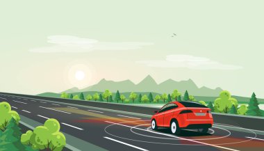 Vektör çizim akıllı özerk sürücüsüz elektrikli otomobil otoyol doğa dağ manzarası sürüş. Boş yol ile yalnız binen günbatımı. Otomatik pilot radar sensörleri mesafe tarama. 