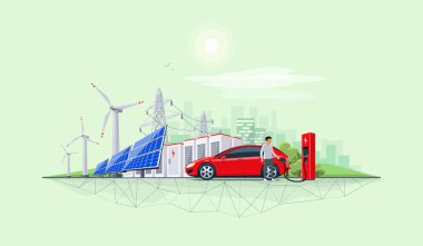 Yenilenebilir enerji düz vektör çizim sistemi bağlı. Elektrikli araç şarj istasyonu şarj güneş panelleri, Rüzgar türbinleri, pil Muhafazası, yüksek gerilim güç ızgara ve şehir manzarası ile. 