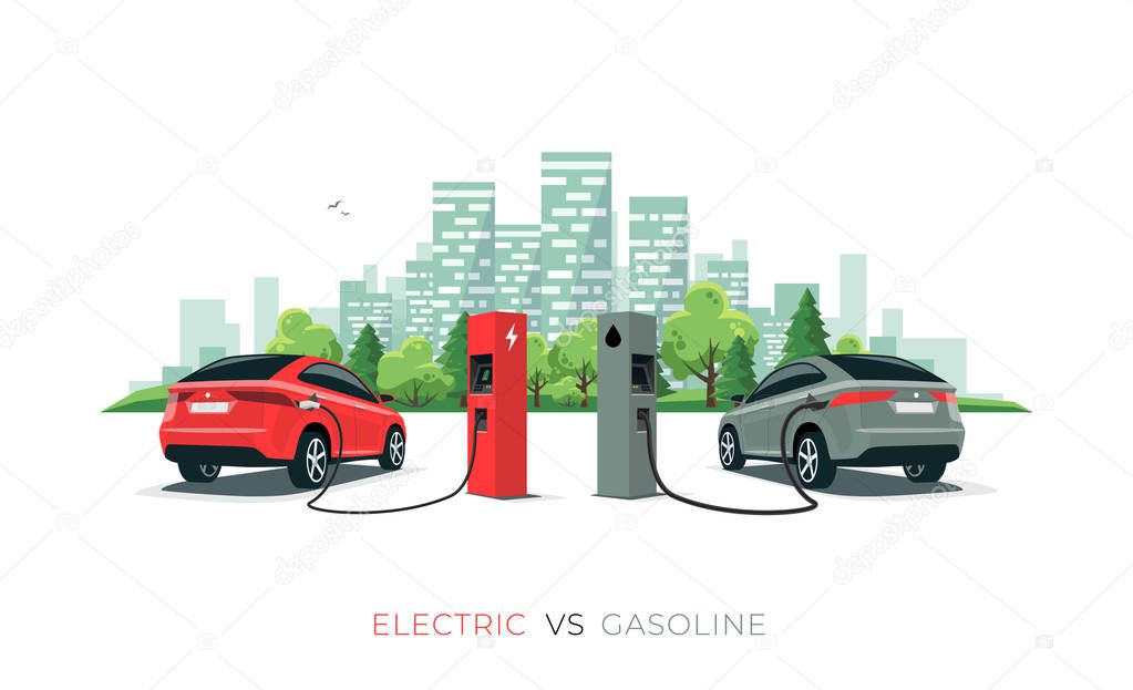 Electric versus gasoline car suv. Electric car charging at charger station vs. fossil car refueling petrol at gas station. Vector illustration with city building skyline isolated on white background.