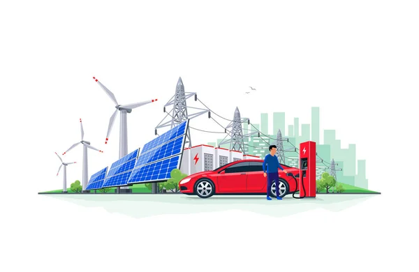 Elektryczne ładowanie samochodów z odnawialnych źródeł energii baterii — Wektor stockowy