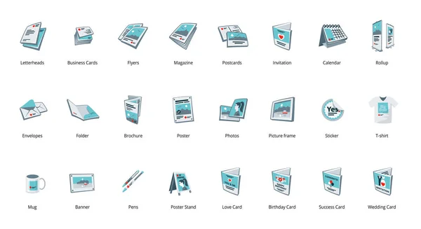 印刷プロモーション材料パンフレット、カード、ロールアップ、雑誌、バナー、マグカップ、およびその他の印刷のショップの商品を広告のセット — ストックベクタ