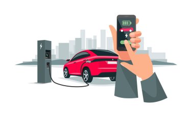 Şarj Uygulaması ve Elektrikli Araba Şarj Pilleri ile Eller Tutan Akıllı Telefon 