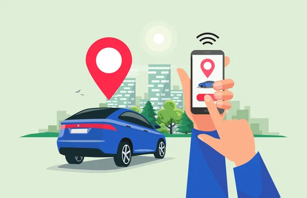 Serviço de compartilhamento de carro conectado controlado remotamente através do aplicativo Smartphone —  Vetores de Stock