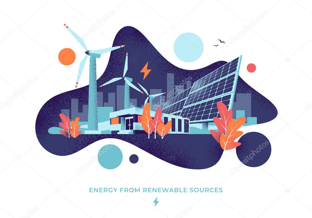 Solar and Wind Electric Power Plant Fluid Circle Style Illustration