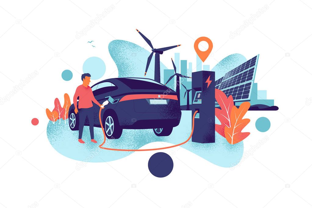 Man Charging an Electric Car with Solar Panels and Wind Power Station and City Skyline Grain Style