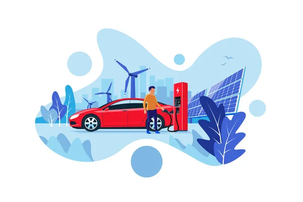 Carga de Coche Eléctrico en la Estación de Carga con Energía Renovable Generación Solar y Eólica — Vector de stock