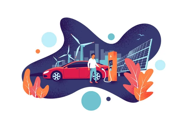Ładowanie samochodów elektrycznych na stacji ładowania z odnawialnych źródeł energii słonecznej i energetyki wiatrowej — Wektor stockowy