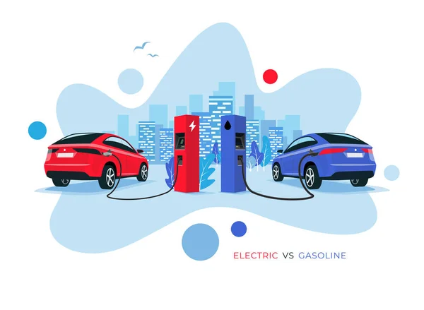 Electric Car Versus Gasoline Car Modern Fluid Shape Style Illustration — Stock Vector