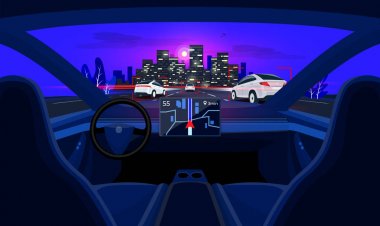 Gece Şehir Karayolu Trafik ve Skyline Özerk Akıllı Sürücüsüz Araç İç Self Sürüş.