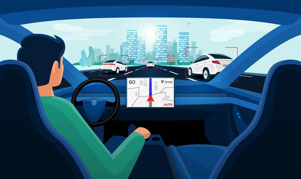 Αυτόνομη Smart αυτοκίνητο χωρίς οδηγό Αυτοοδήγηση. Οδηγός χωρίς χέρια στο τιμόνι. — Διανυσματικό Αρχείο