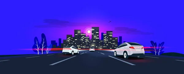 Verkeer op de Toad perspectief horizon Vanishing Point View Night City skyline. — Stockvector