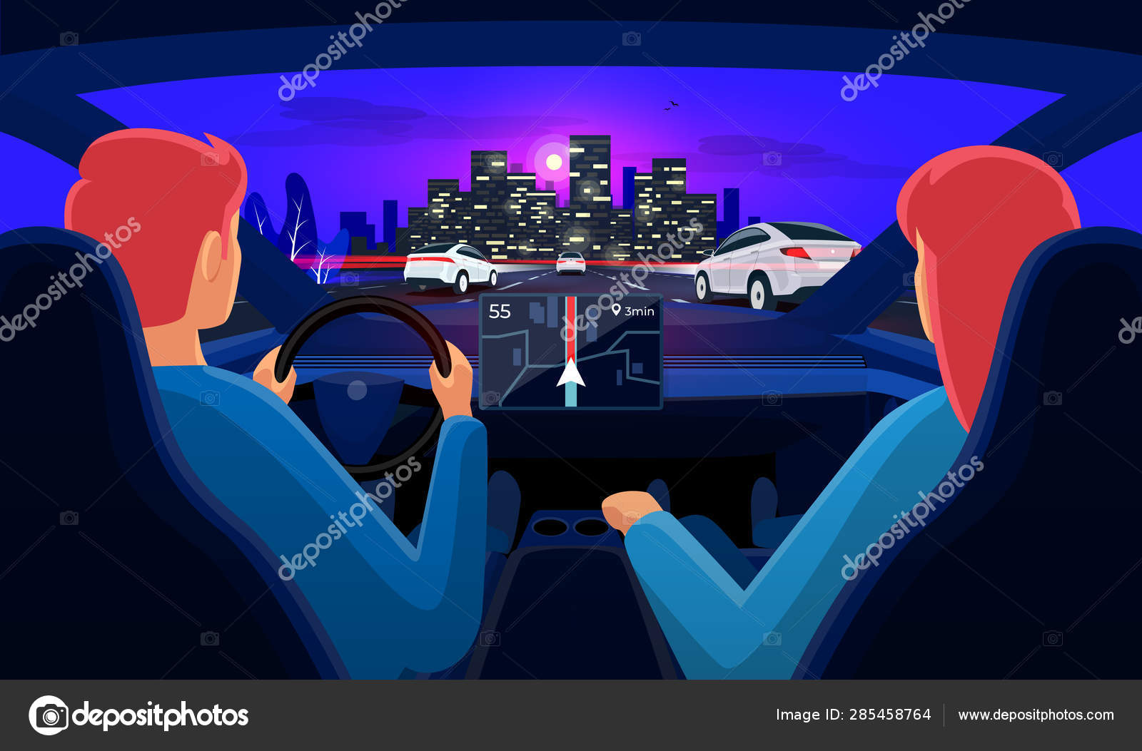 Couple inside car interior on road trip highway traffic jam with night city skyline. Stock Vector Image by ©petovarga #285458764 Couple inside car interior on road trip highway traffic jam with night city skyline. Stock Vector Image by ©petovarga #285458764