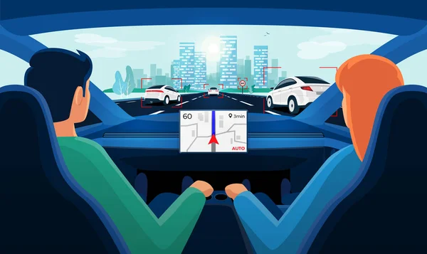 Ζευγάρι μέσα στο εσωτερικό αυτόνομο αυτοκίνητο στο μποτιλιάρισμα της οδικής κυκλοφορίας με την ημέρα του ορίζοντα της πόλης. — Διανυσματικό Αρχείο