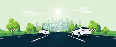 Traffic on the Road Perspective Horizon Vanishing Point View with City Skyline.  clipart