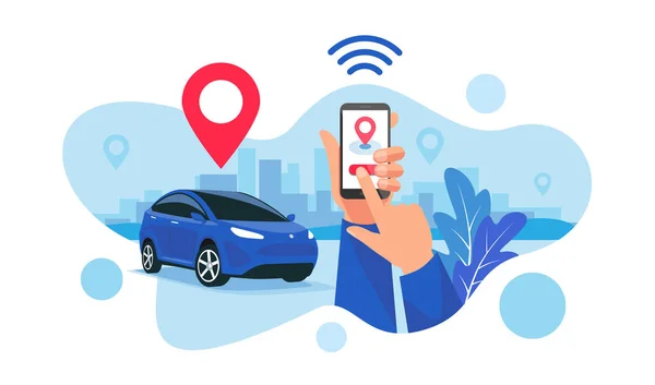 Vector illustration of autonomous wireless parking remote connected car sharing service controlled via smartphone app. Hands holding phone location mark of smart electric car in modern city skyline. — Stock Vector