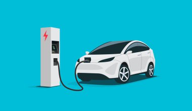 Modern elektrikli akıllı SUV araba şarj kablo fiş ile şarj istasyonunda. Beyaz arka planda izole edilmiş düz vektör illüstrasyon kavramı. Elektrikli gelecekteki ulaşım e-hareketi.