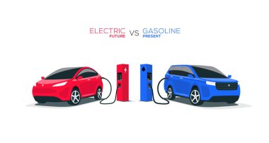 Karşılaştırıldığında elektrikli benzinli dizel araba suv. Şarj standında şarj elektrikli araba şarj vs fosil araba benzin istasyonu yakıt ikmali. Ön perspektif görünümü. Beyaz arka planda yalıtılmış.