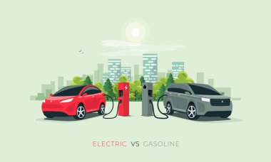Karşılaştırıldığında elektrikli benzinli dizel araba suv. Şarj standında şarj elektrikli araba şarj vs fosil araba benzin istasyonu yakıt ikmali. Ön perspektif görünümü. Arka planda şehir binası silueti.