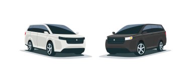 Soyut bir modern tüm arazi beyaz ve siyah suv mpv aile amerikan tarzı büyük 4x4 araba Karikatür vektör illüstrasyon. Ön taraf perspektif görünümü. Beyaz arka planda izole araç.