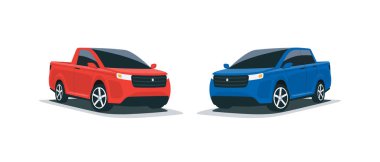 Soyut bir modern tüm arazi kırmızı ve mavi suv kamyon amerikan tarzı büyük 4x4 araba Karikatür vektör illüstrasyon. Ön taraf perspektif görünümü. Beyaz arka planda izole araç.
