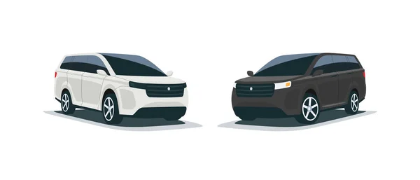 Ilustración vectorial de dibujos animados de un abstracto moderno todo terreno blanco y negro suv mpv familia americano estilo grande 4x4 coche. Vista frontal de la perspectiva lateral. Vehículo aislado sobre fondo blanco . — Vector de stock