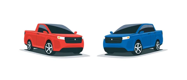 Ilustración vectorial de dibujos animados de un abstracto moderno todoterreno rojo y azul camioneta estilo americano 4x4 coche grande. Vista frontal de la perspectiva lateral. Vehículo aislado sobre fondo blanco . — Vector de stock
