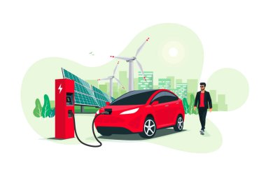 Şarj istasyonunda şarj eden elektrikli suv araba genç bir adam yaklaşıyor. Yenilenebilir enerji rüzgar türbinleri ve güneş panelleri arka planda akıllı şehir silueti. Yalıtılmış vektör illüstrasyon kavramı. 