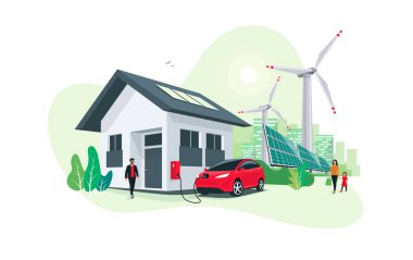 Electric car parking charging at home wall box charger station on house with a man. Renewable energy storage with wind turbines and solar panels smart city skyline in background. Vector illustration.  clipart