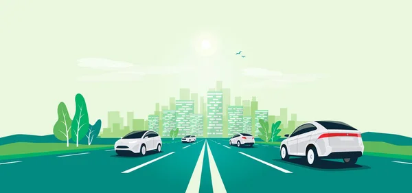 Traffic on the highway panoramic perspective horizon vanishing point view. Flat vector cartoon style illustration urban landscape motorway with cars, skyline city buildings and road going to the city. — Stock Vector