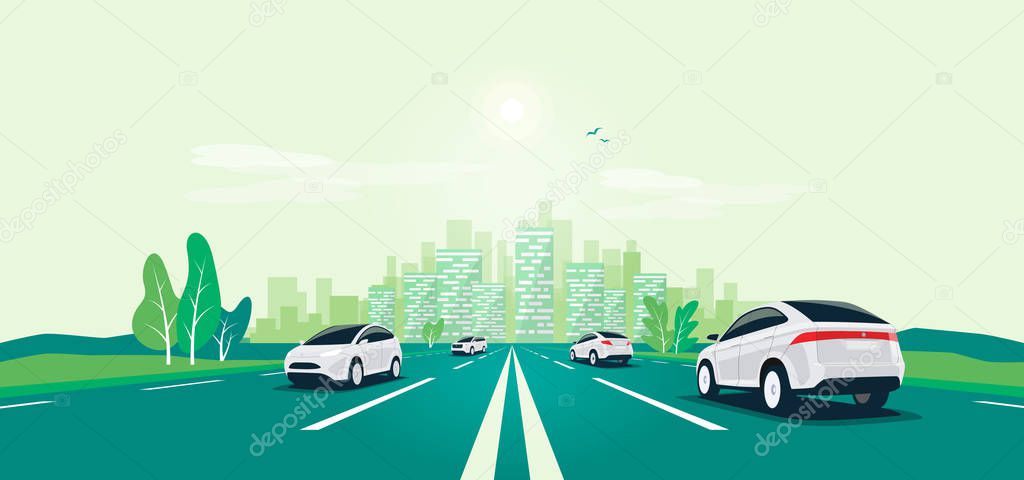 Traffic on the highway panoramic perspective horizon vanishing point view. Flat vector cartoon style illustration urban landscape motorway with cars, skyline city buildings and road going to the city.