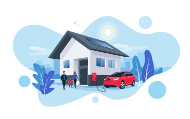 Elektrikli araba park bir aile ile evde ev duvar kutusu şarj istasyonunda şarj. Arka planda güneş panelleri ve akıllı şehir silueti ile yenilenebilir enerji depolama. Vektör çizimi. 