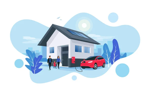 Electric car parking charging at home wall box charger station on house with a family. Renewable energy storage with solar panels and smart city skyline in background. Vector illustration. — Stock Vector
