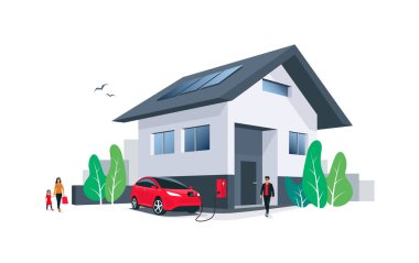Evdeki duvar kutusu şarj istasyonunda bir adamla kırmızı elektrikli araba parkı şarj ediliyor. Çatıda yenilenebilir enerji güneş panelleri var. Ev 'le yaşayan bir aile. Beyaz arkaplanda izole vektör illüstrasyonu. 