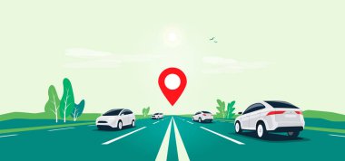 Otobandaki trafik arabaları manzaralı panoramik ufuk manzaralı. Düz vektör çizgi film stili illüstrasyonuName.