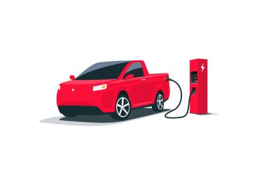 Modern elektrikli akıllı SUV kamyonet vagonu şarj oluyor. Şarj istasyonunda kablolu fişi var. Beyaz arkaplanda izole vektör çizimi. Elektrikli gelecekteki ulaşım e-hareketi.