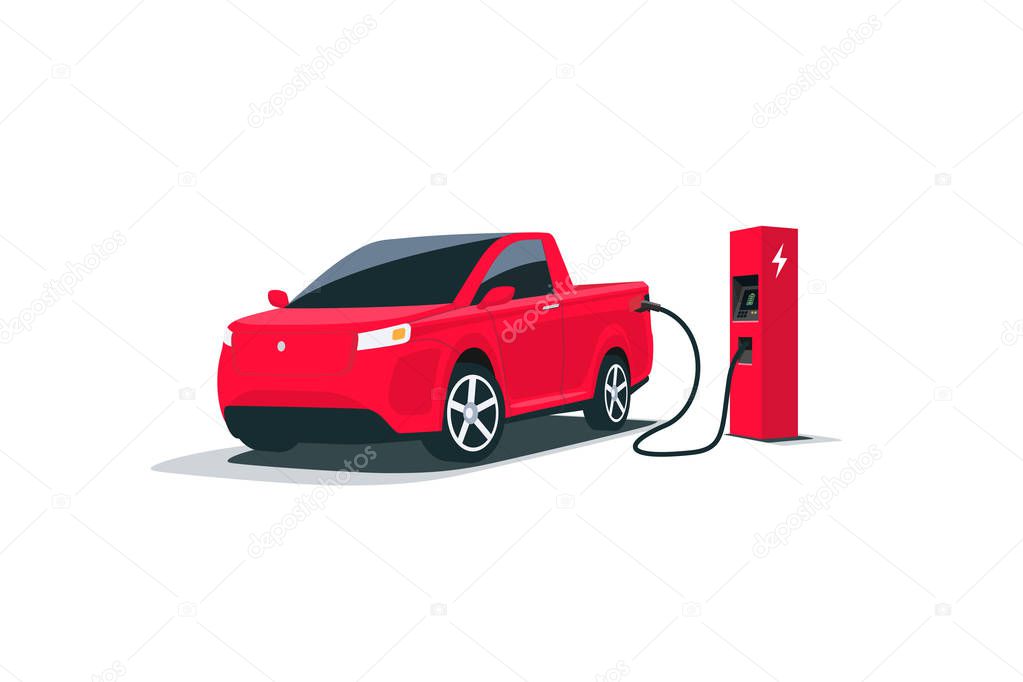 Modern electric smart suv pickup truck car charging parking at the charger station with a plug in cable. Isolated vector illustration on white background. Electrified future transportation e-motion.