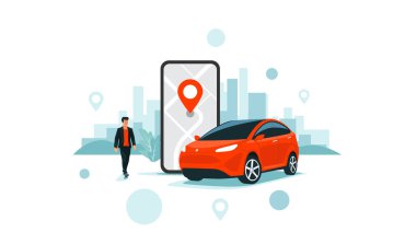 Akıllı telefon uygulaması ile kontrol edilen otonom çevrimiçi araba paylaşım servisinin vektör illüstrasyonu. Yer işaretli telefon ve modern şehir silueti olan akıllı araba. İzole edilmiş bağlı araç uzaktan otoparkı. 