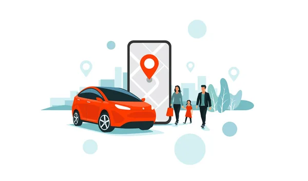 Vector illustration of autonomous online car sharing service controlled via smartphone app. Phone with location mark and smart family car in modern city skyline. Connected vehicle remote parking. — Stock Vector