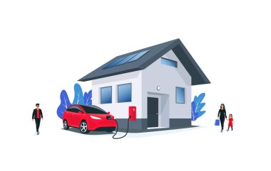 Aile pilli elektrikli araba, güneş panelleri çatıda olan şarj istasyonunda şarj oluyor. Ev şarj aletine şarj et. Mesajın için yer aç. Beyaz arkaplanda izole vektör illüstrasyonu. 