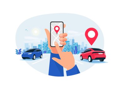 Akıllı telefon uygulaması ve otoyol trafiği olan ellerin izole edilmiş vektör çizimi. Otoyol panoramik perspektif ufkunda otonom bağlantılı arabalar gözden kayboluyor. Şehre giden yol ufuk çizgisi.