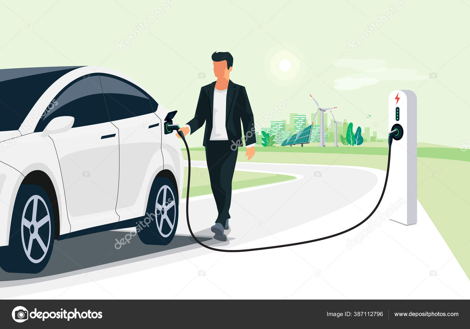 Man Charging Electric Car City Street Skyline Illustration Battery Vehicle Stock Vector Image by ©petovarga #387112796 Man Charging Electric Car City Street Skyline Illustration Battery Vehicle Stock Vector Image by ©petovarga #387112796