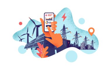Cep telefonunda elektrik enerjisi kullanan akıllı telefon izleme uygulaması olan eller. Sürdürülebilir yenilenebilir enerji santrali depolama istasyonu ve güneş panelleri, rüzgar ve şehrin akıllı güç iletim şebekesi