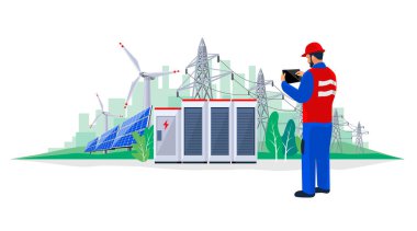 İzole edilmiş elektrik teknisyeni mühendisi elektrik güç şebekesi iletimi tanısı. Kişi teftiş üretim tesisi. Yenilenebilir güneş paneli enerji santrali ve pil deposu.. 